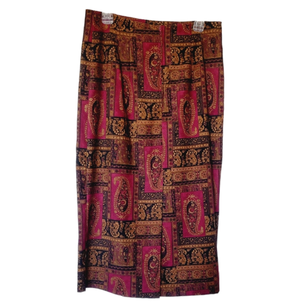 🌺3 for $10 BRIGGS Petite Burgundy Wine Paisley Skirt - Picture 9 of 9